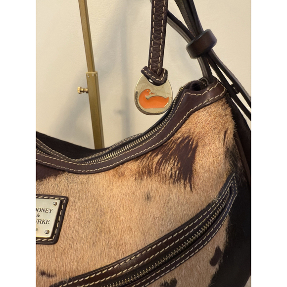 Dooney Bourke Hobo Brown Cognac Calf Hair Crescent Leather Satchel Bag - Picture 3 of 15